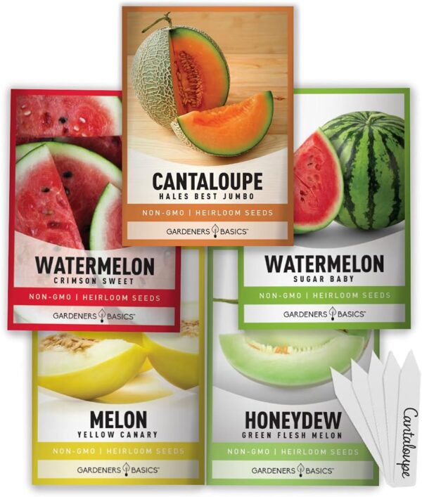 Gardeners Basics Melon Seeds – 5 Variety Pack: Hales Best Cantaloupe, Crimson Sweet Watermelon, Yellow Canary Melon, Green Flesh Honeydew, and Sugar Baby Watermelon – Perfect for Home Gardens.