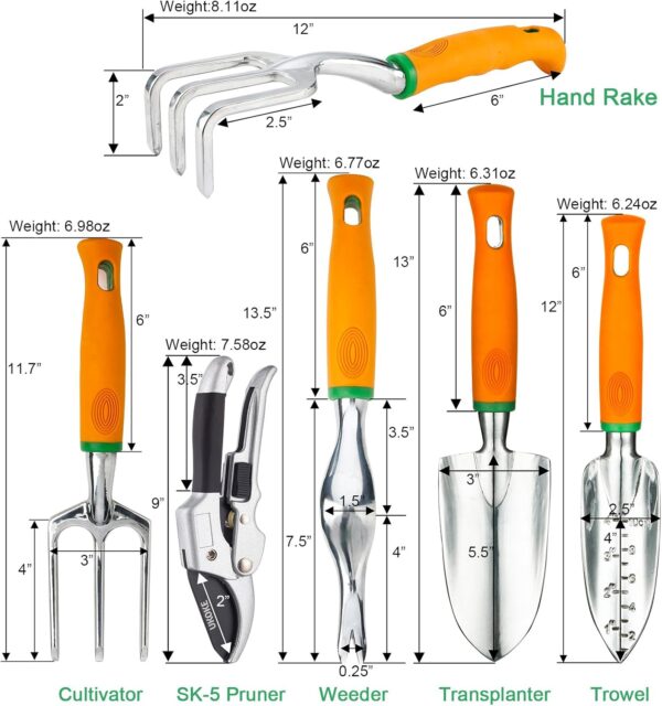 UKOKE 12-Piece Garden Tool Set – Aluminum Hand Tools with Ergonomic Handles, Includes Garden Canvas Apron with Storage Pockets – Heavy-Duty Gardening Kit for Men and Women, Perfect for Outdoor Use.